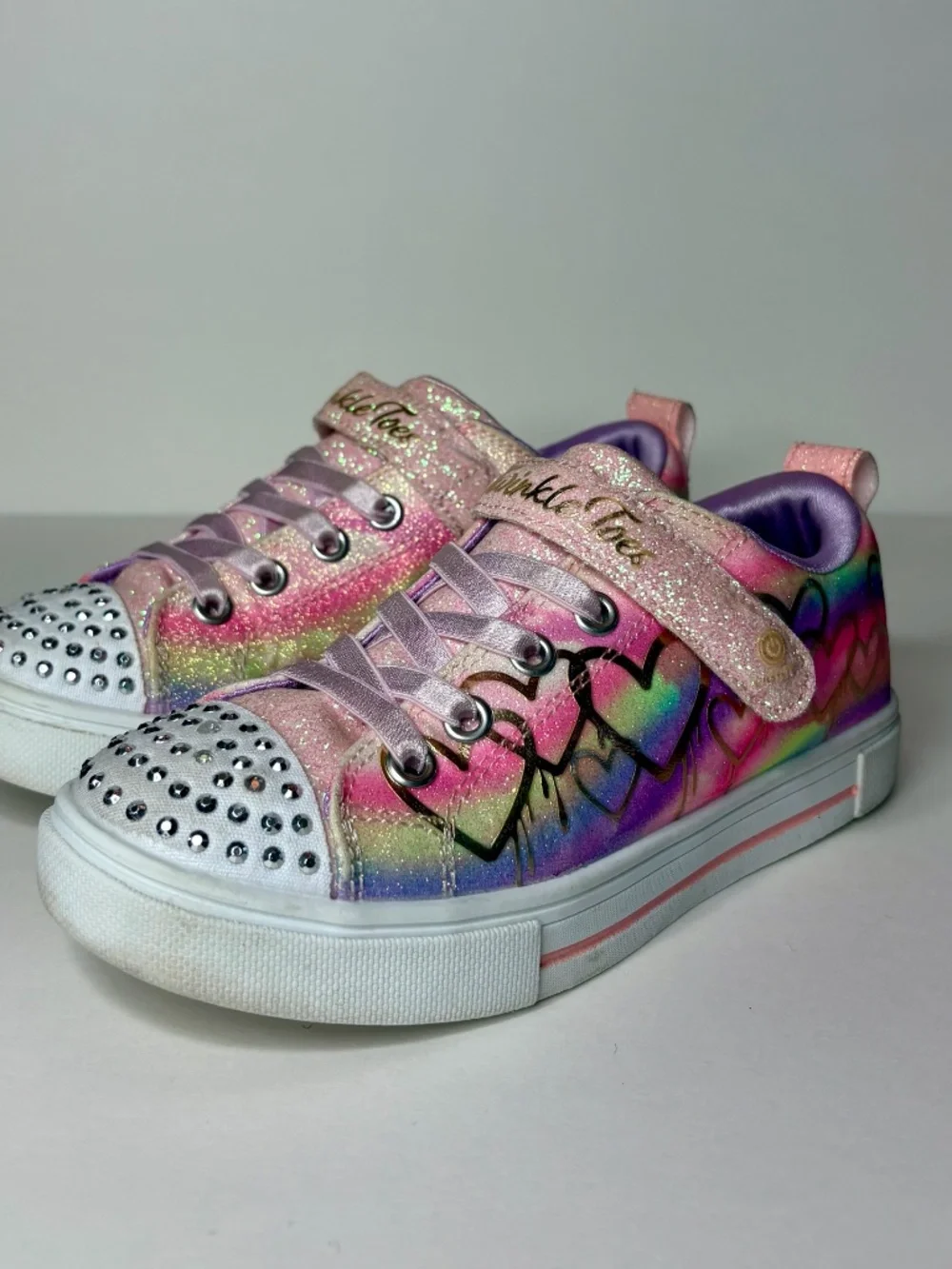 Skechers Twinkle Toes Girls Size 1 Rainbow Heart Glitter Light Up Sneakers